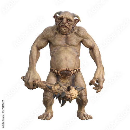Fantasy troll with green skin and horns, standing with club weapon in hand. Isolated 3D rendering.