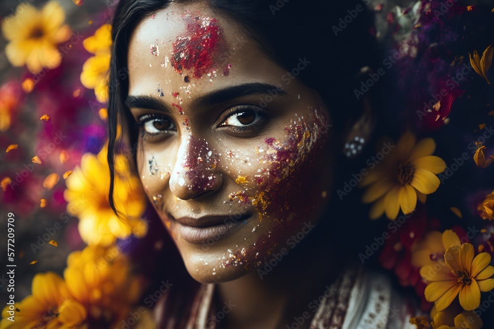 Attractive Indian woman in Holi festival surrounded by festival. Generative AI