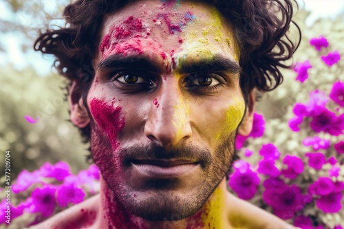 Indian man portrait during Holi festival celebrations. Generative AI