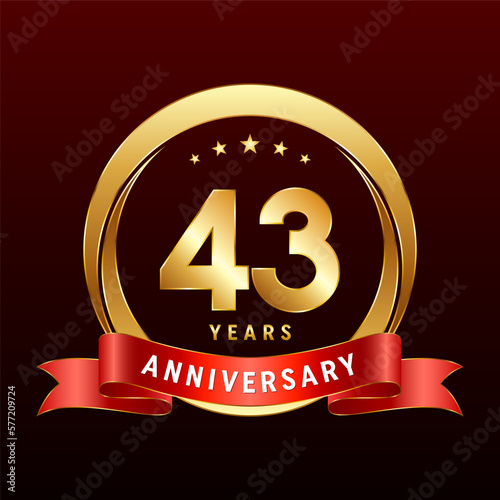 43th Anniversary logo design with golden ring and red ribbon. Logo Vector Template Illustration photo