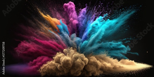 Blown up Holi powder in a colorful fashion. Black background. Generative AI