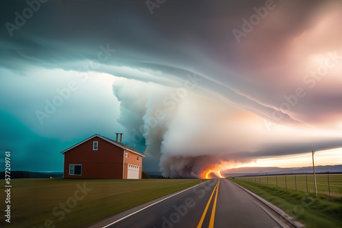 A landscape with a tornado and a fire near a house in a field with an asphalt road running through it. Generative AI.