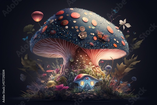 illustration, a wonderful mushroom and flora adorning a fantasy world, ai generative