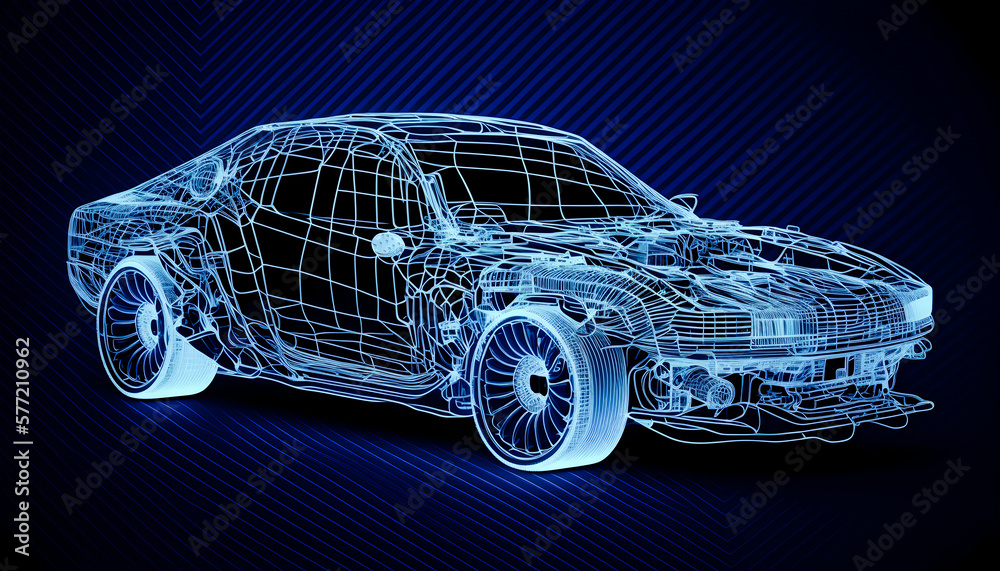 Naklejka premium Side view of Vintage car AR wireframe concept, generative ai, Augmented reality wireframe of car concept with blue background 