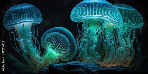 Glowing jellyfish deep underwater, concept of Mystical and Luminous, created with Generative AI technology