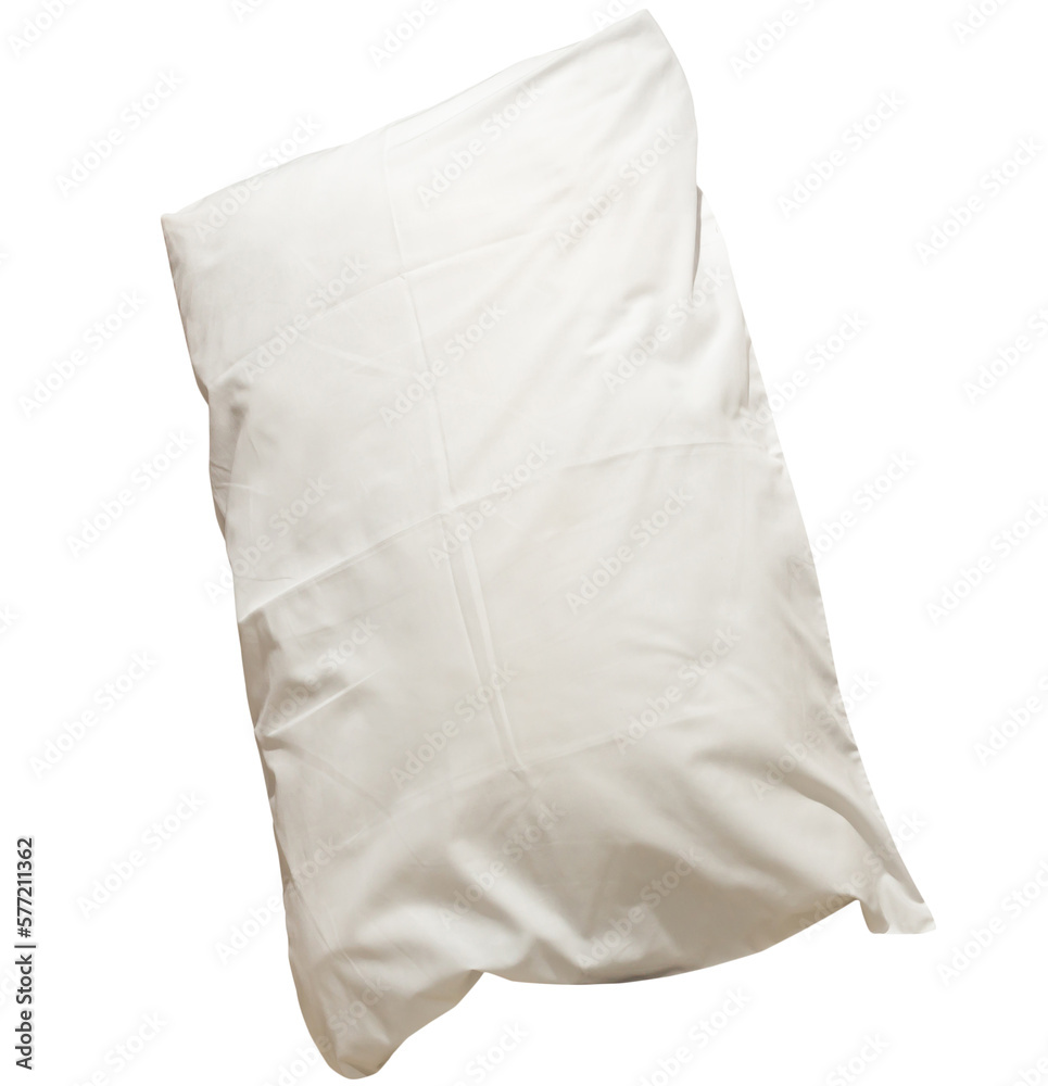 White crumpled pillow with case after guest's use at hotel or resort room isolated on white background with clipping path, Concept of confortable and happy sleep in daily life