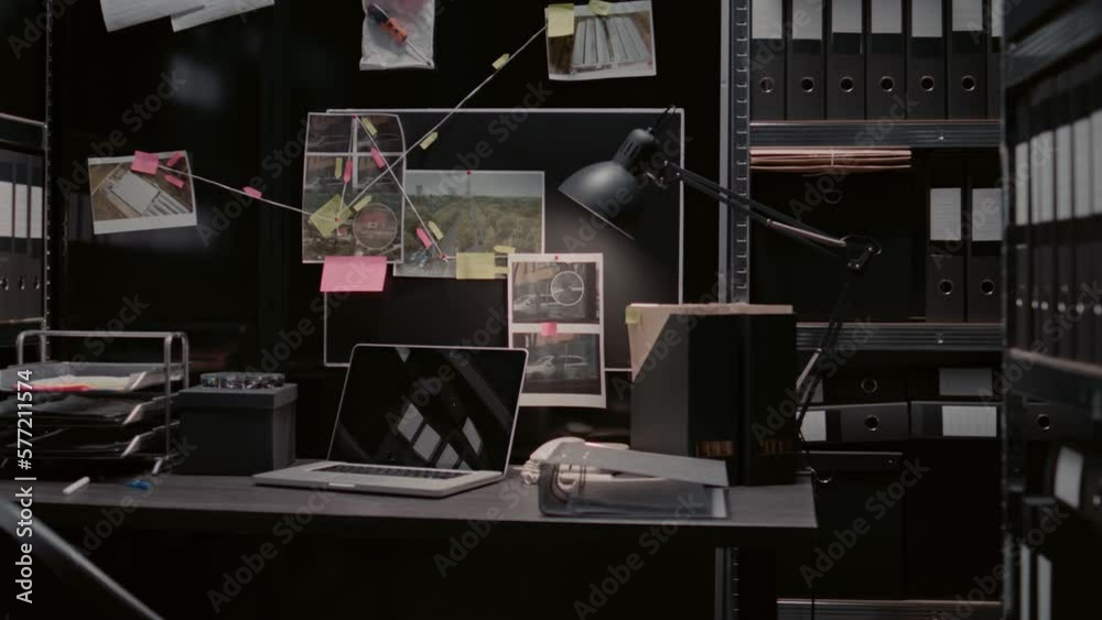 Detective evidence map with case clues on wall in archive room, crime scene photos and surveillance footage. Empty police office space filled with statements and records on board.