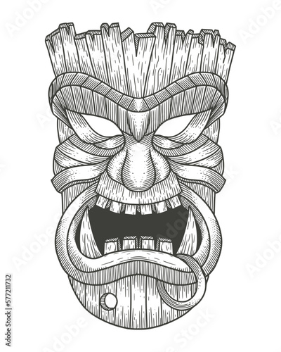 wooden tiki mask. Engraving drawing vector illustration
