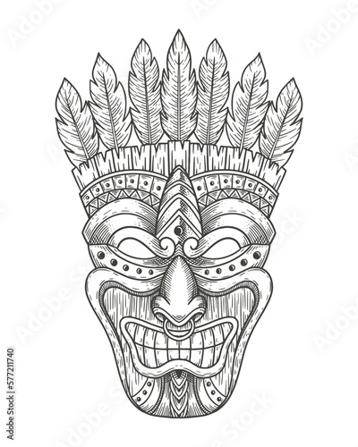 wooden tiki mask. Engraving drawing vector illustration