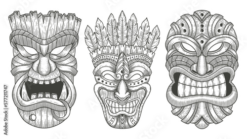 Set of wooden tiki. Vector vintage illustration in engraving style
