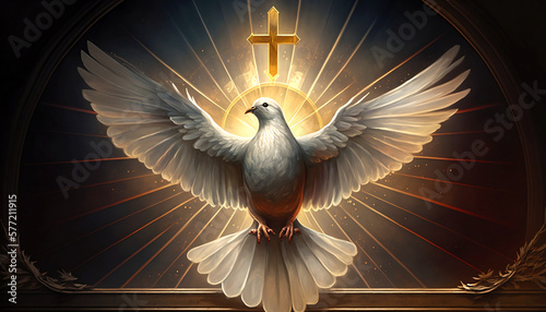 Fotografia The outpouring of the Holy Spirit and the dawn of golden light: symbols of Easter, the Eucharist and the dove
