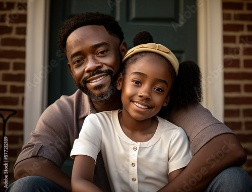 Close-up portrait of loving black father and young daughter sitting together on the front porch, looking at the camera and smiling. Illustration created with Generative AI technology.