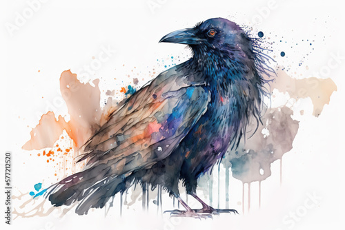 Watercolor illustration, raven from the family of corvids. isolated on white background. Generative AI photo