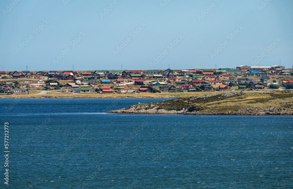 Cityscape of the town of Stanley on the Falkland Islands from the ocean