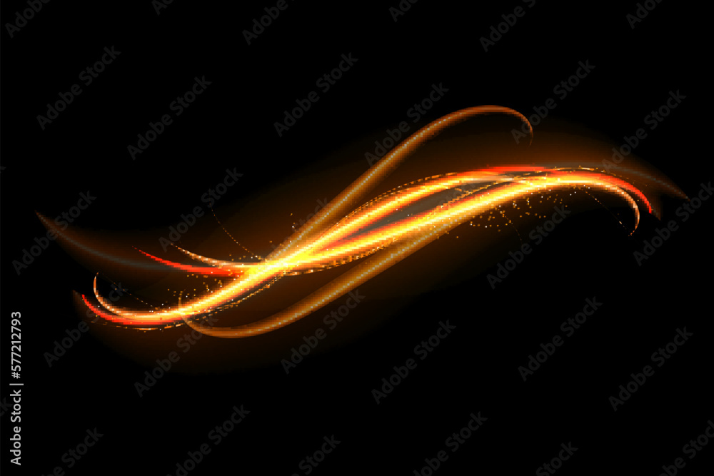 Obraz premium Golden glowing shiny lines effect. Luminous white lines of speed. Light glowing effect. Abstract motion lines. Light trail wave, fire path trace line and incandescence curve twirl