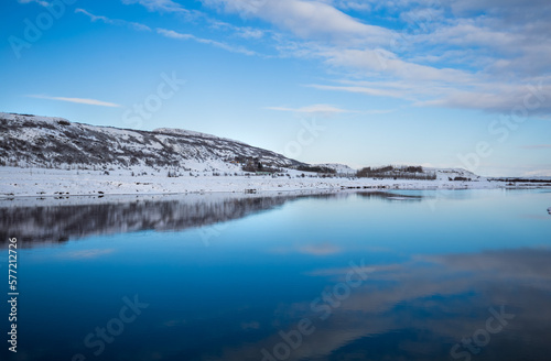 River View from Biskupstungnabraut Bridge in Iceland. Winter Iceland landscape. Traveling along the Golden Ring in Iceland by car