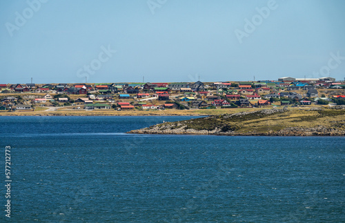 Cityscape of the town of Stanley on the Falkland Islands from the ocean