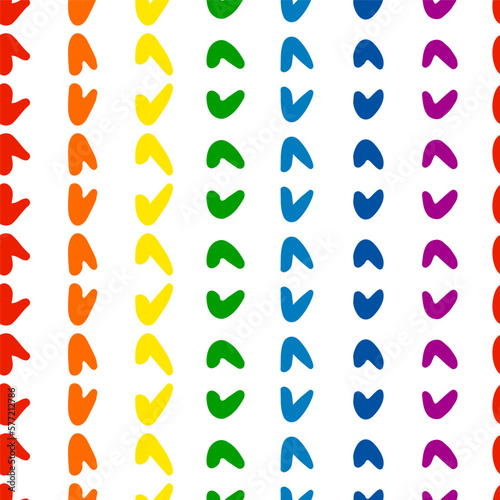Seamless pattern of check marks arrows of rainbow colors. Grunge texture. Hand drawn ink brush bright multicolored stains design elements. LGBT, CSD pride,National Coming Out Day. Vector illustration 