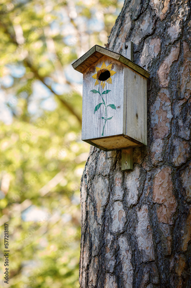 A bird feeder in the form of a house with a wooden roof hangs on a tree. Bird care. Wooden house close-up with copyspace
