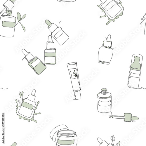Skin care seamless pattern. Beauty products single line vector illustration
