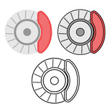 Disc brakes set. Color, outlined, black and white. Flat vector illustration.