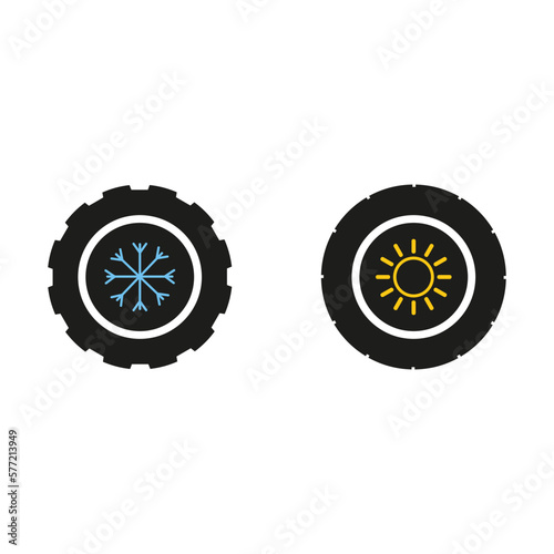 Summer and winter tire icon set. Deep and shallow grooves. Flat vector illustration.