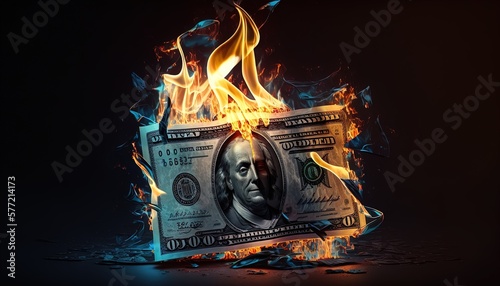 Burning money USD Dollar created with generative ai technology photo