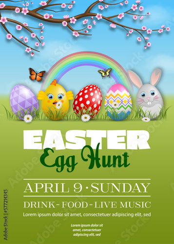 easter poster with colorful eggs on spring background. egg hunt flyer