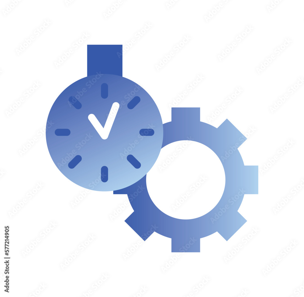 Business related icon. Gradient sticker with clock and gear. Time management, productivity, efficiency and urgency. Cartoon flat vector illustration isolated on white background Business related icon. Gradient sticker with clock and gear. Time management, productivity, efficiency and urgency. Cartoon flat vector illustration isolated on white background