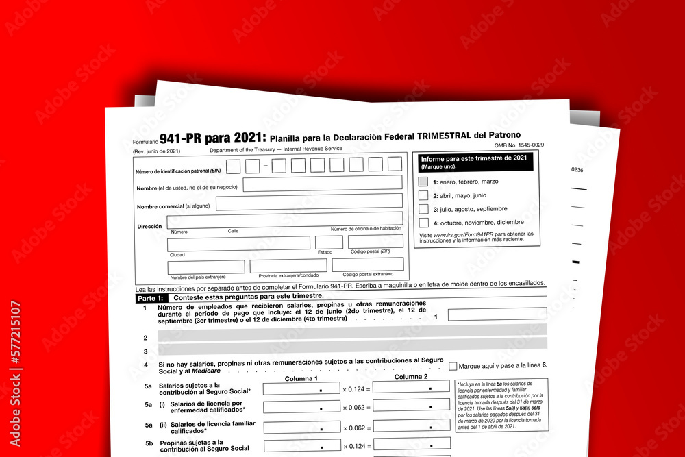 Fototapeta premium Form 941 (PR) documentation published IRS USA 06.25.2021. American tax document on colored