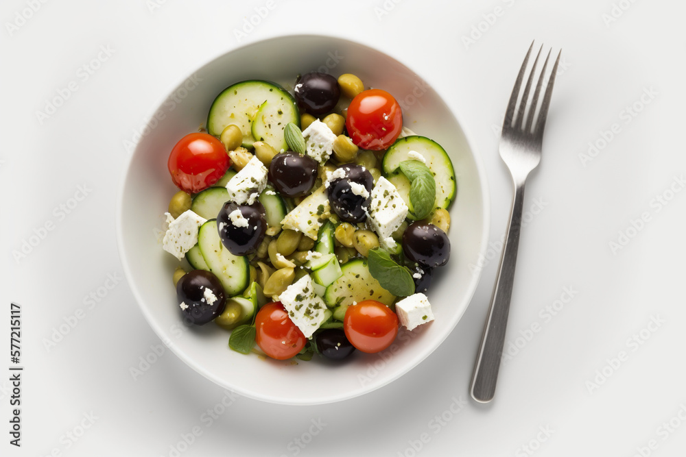 Cucumber salad with cherry tomatoes, feta cheese and black olives on the white background IA Cucumber salad with cherry tomatoes, feta cheese and black olives on the white background IA