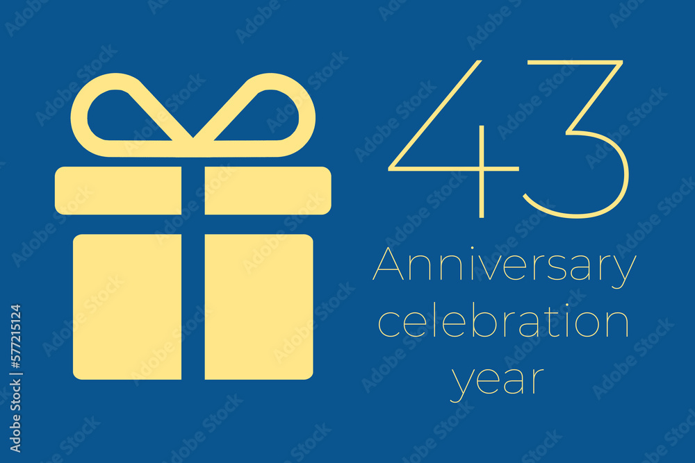 43 logo. 43 years anniversary celebration text. 43 logo on blue background. Illustration with yellow gift icon. Anniversary banner design. Minimalistic greeting card. fourty-three postcard 43 logo. 43 years anniversary celebration text. 43 logo on blue background. Illustration with yellow gift icon. Anniversary banner design. Minimalistic greeting card. fourty-three postcard