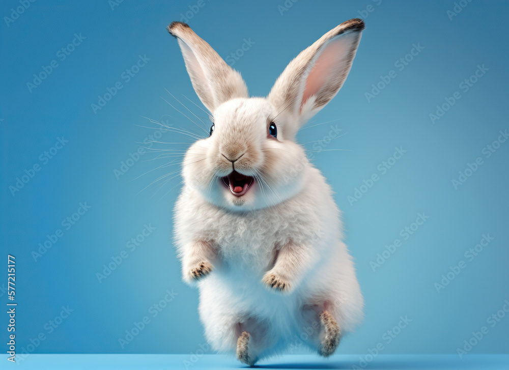 happy bunny jumping on blue background IA happy bunny jumping on blue background IA