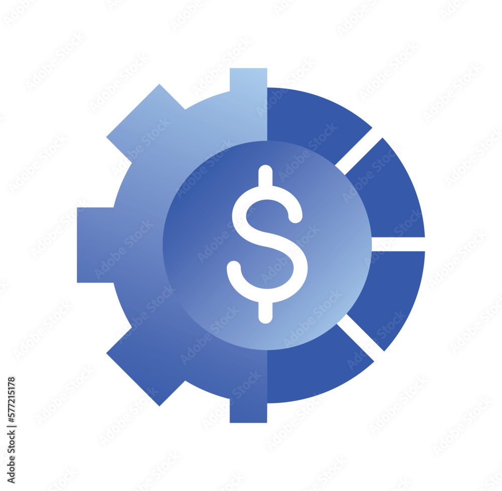 Business related icon. Gear or coin with dollar sign. Metaphor of global finance or international business processes. Gradient sticker. Cartoon flat vector illustration isolated on white background Business related icon. Gear or coin with dollar sign. Metaphor of global finance or international business processes. Gradient sticker. Cartoon flat vector illustration isolated on white background