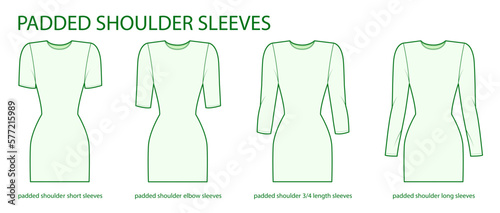Set of Padded shoulder sleeves clothes - long, short, 3-4, elbow length technical fashion illustration with fitted body. Flat apparel template front side. Women, men unisex CAD mockup