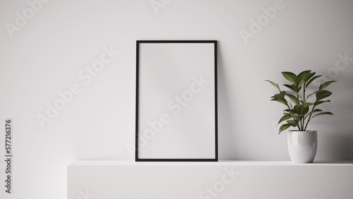 Vertical poster with frame on white background. 3D illustration of a poster leaned on the wall. Poster mockup. Paper template. Empty canvas