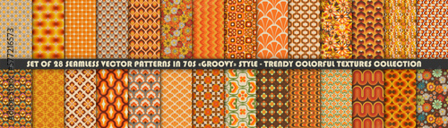 Set of colorful geometric and floral Vector Seamless Patterns. Retro 70s Style Nostalgic Fashion Textile textures. Summer Resort Prints. Daisies. Flower Power