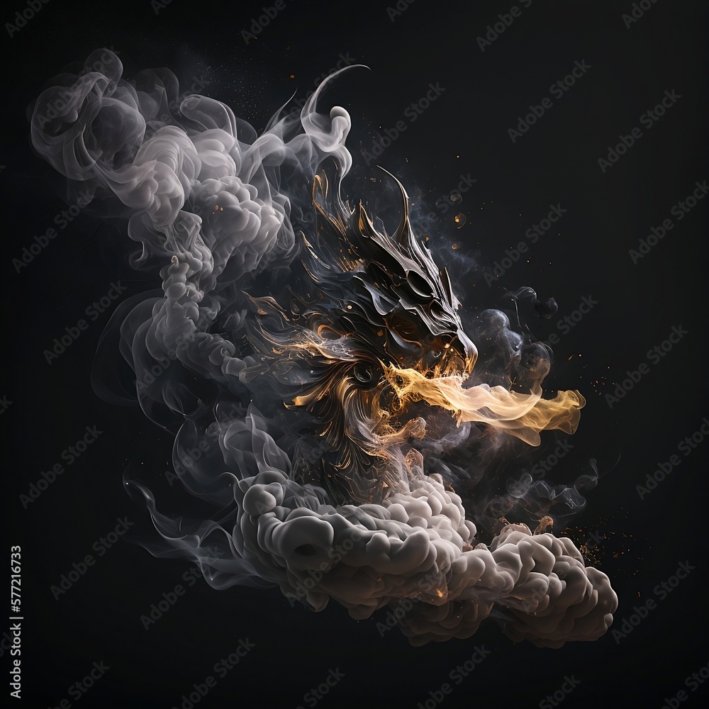 Fototapeta premium Dragon in smoke. Smoke and Fire. Dragon with smoke on a dark background. Dragon spewing fire. Generative AI.