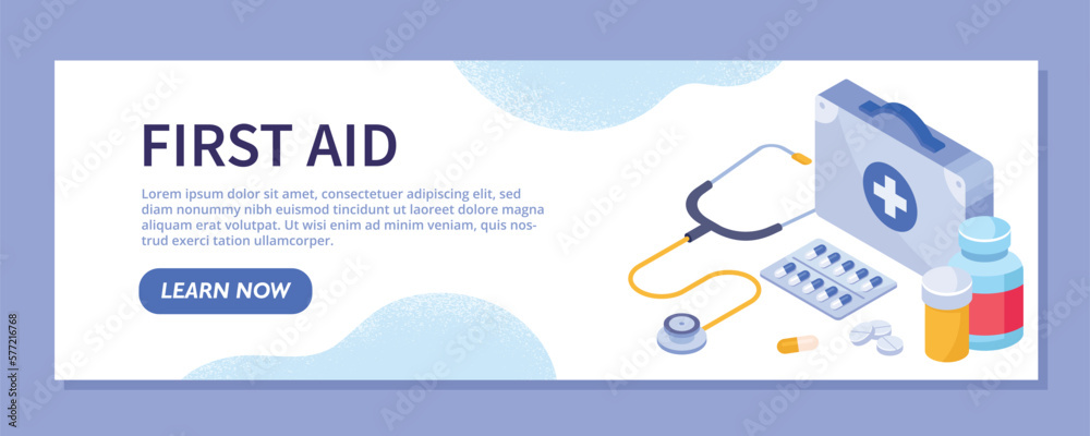 First aid banner. Stethoscope and pills near the set with medicines. Landing page design. Health care, patient care and telemedicine, online consultation. Cartoon isometric vector illustration