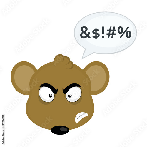 vector illustration face of a brown cartoon mouse, with an angry expression and a speech bubble with an insulting text
