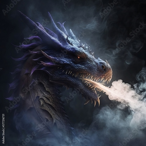 Dragon in smoke. Smoke and Fire. Dragon with smoke on a dark background. Dragon spewing fire. Generative AI.