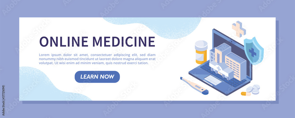 Online medicine banner. Laptop with hospital building, telemedicine and specialist remote consultations. Landing page design. Healthcare application or program. Cartoon isometric vector illustration