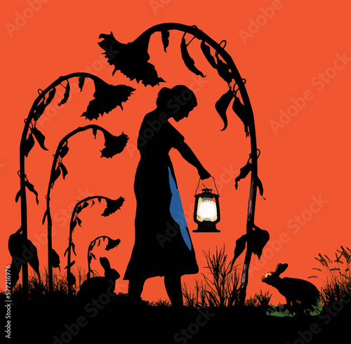 A beautiful young woman encounters and inquisitive rabbit in her garden of sunflowers. The woman carries a lantern to illuminate the dark dusk evening. This is a  vector.