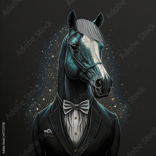 Fashion horse in suit and bow tie. Generative AI