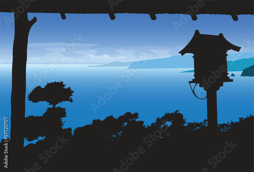 Seascape viewed through the frame of a seaside structure and pagoda silhouette.