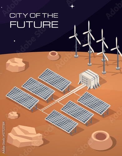 Mars station concept. Energy sources to other planets, colonization and exploration of space and galaxies. Solar panel and windmills. Science, travel and adventure. Cartoon flat vector illustration