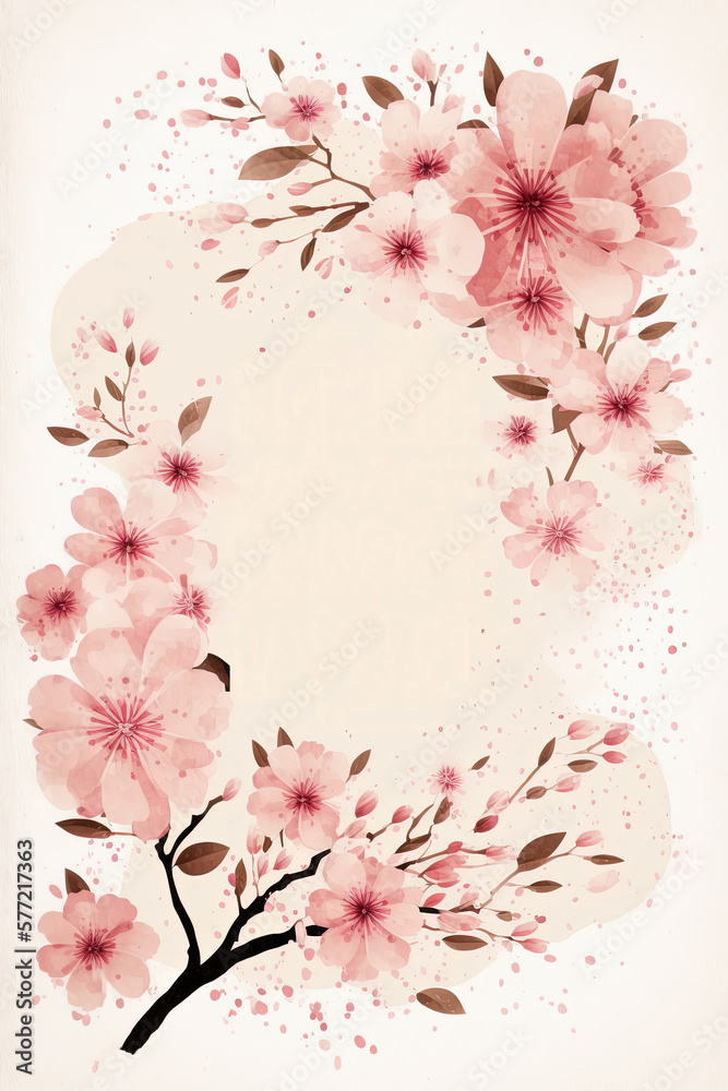 Spring card mockup with cherry blossom on white background and space. AI Generative