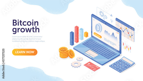 Mining bitcoins concept. Laptop with graphs and charts, work with statistics and analytics. Cryptocurrency growth, trading and investing, landing page design. Cartoon isometric vector illustration