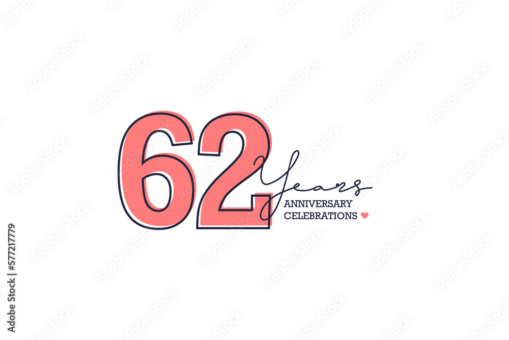 62 years anniversary. Anniversary template design concept with pink color and black line, design for event, invitation card, greeting card, banner, poster, flyer, book cover and print. Vector Eps10