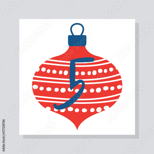 Advent calendar with number 5. Red ball with white abstract patterns, toy on pendant for decorating Christmas tree. Winter season, December and January. Cartoon flat vector illustration